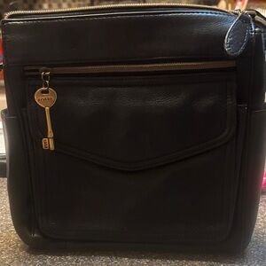 Fossil Black Leather Messenger Bag with Gold Key Charm